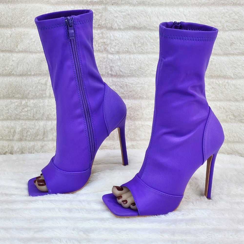 Bold Purple Stretch Square Open Toe High Heel Ankle Boots